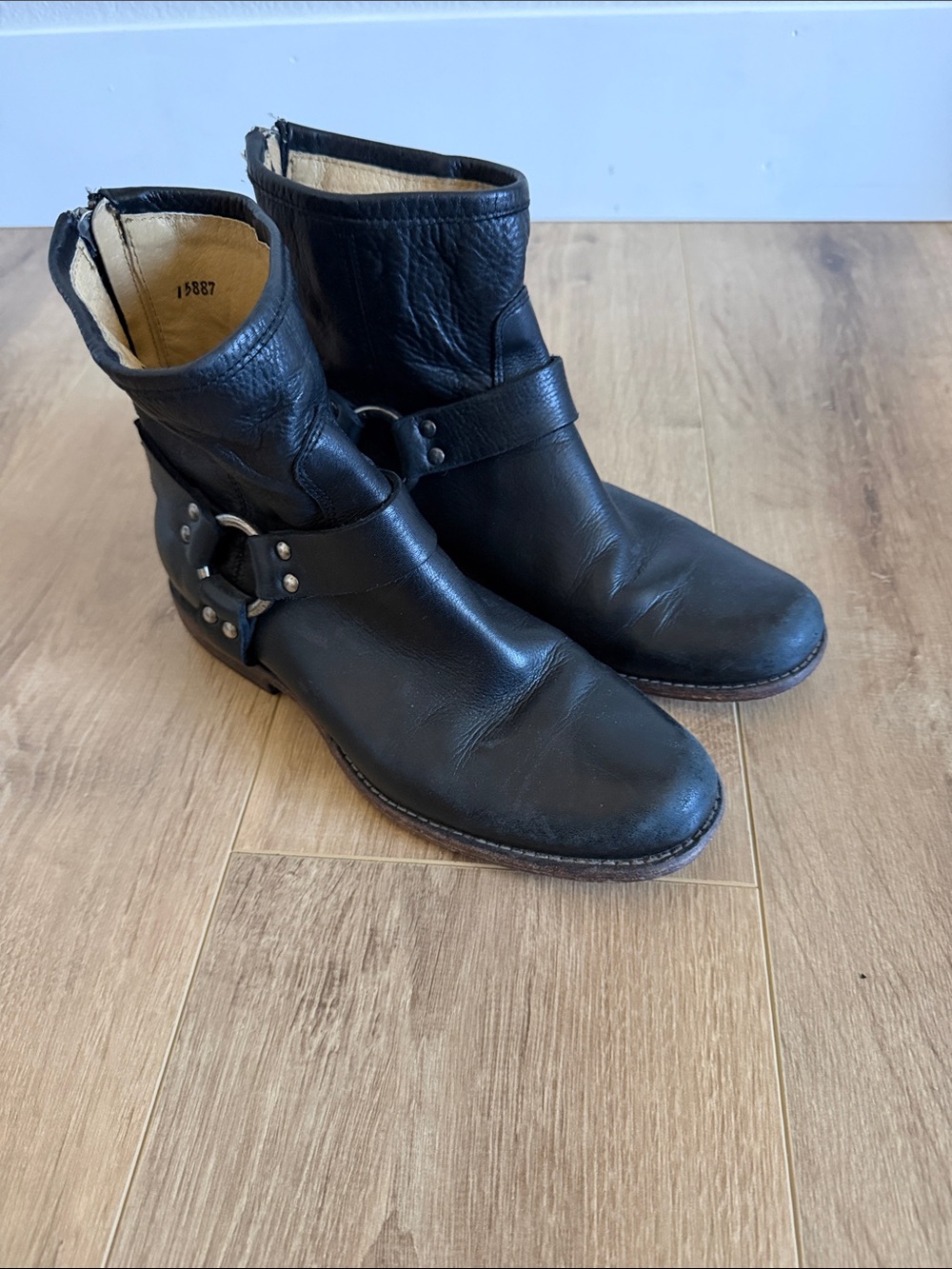 Frye Black Leather Harness Ankle Boots